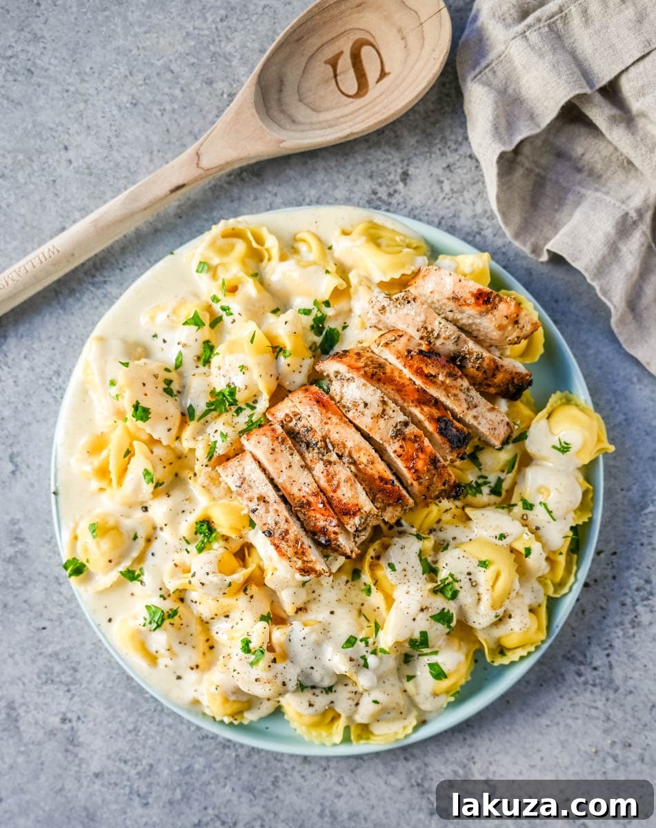 Grilled Chicken and Creamy Alfredo Tortellini 5 Finished plate of Tortellini Alfredo with Grilled Chicken, garnished with fresh parsley.