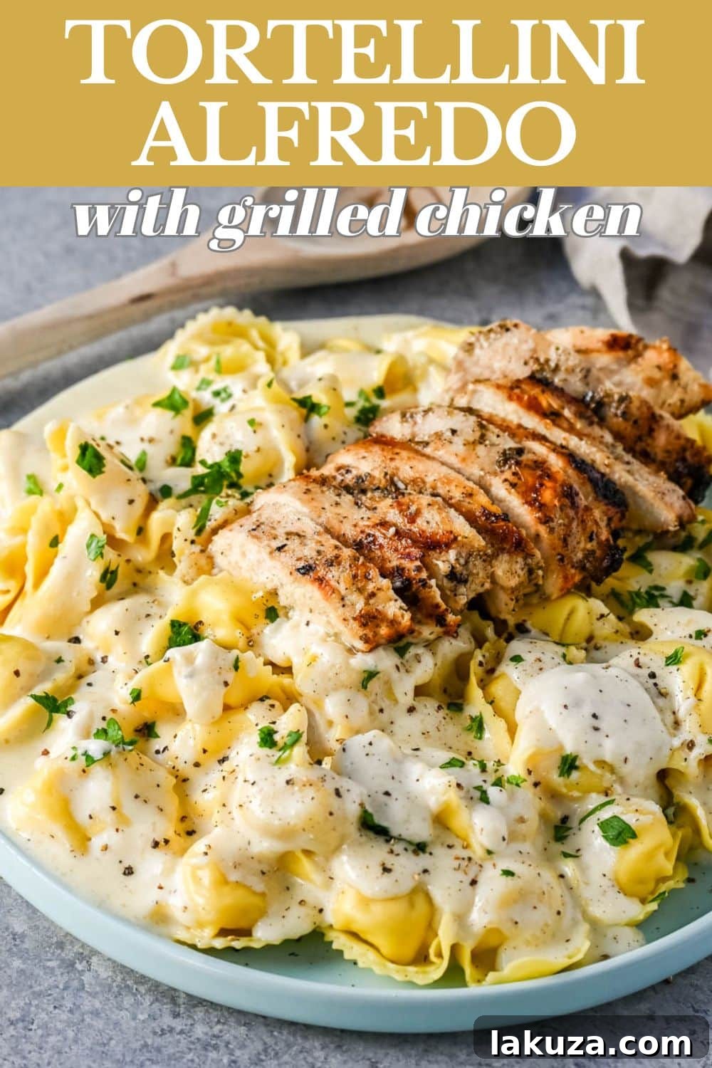 Grilled Chicken and Creamy Alfredo Tortellini 6 Large serving of Tortellini Alfredo with Grilled Chicken, showcasing the creamy sauce and chicken slices.