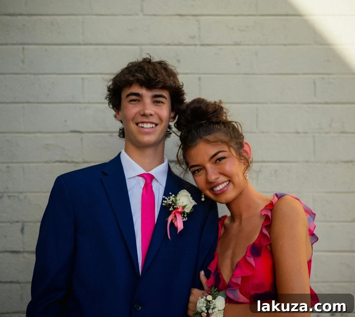 Another photo of the same prom couple, possibly on a different backdrop, showcasing their outfits and joy.