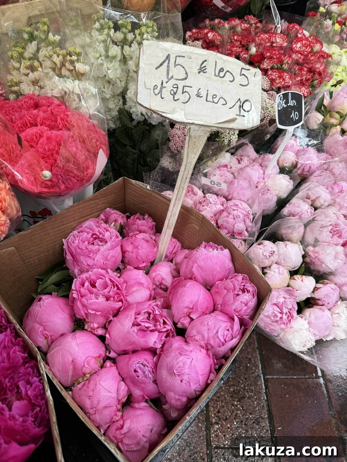 TGIF Gabfest 27 Vibrant display of fresh flowers, including beautiful pink peonies, at a French market