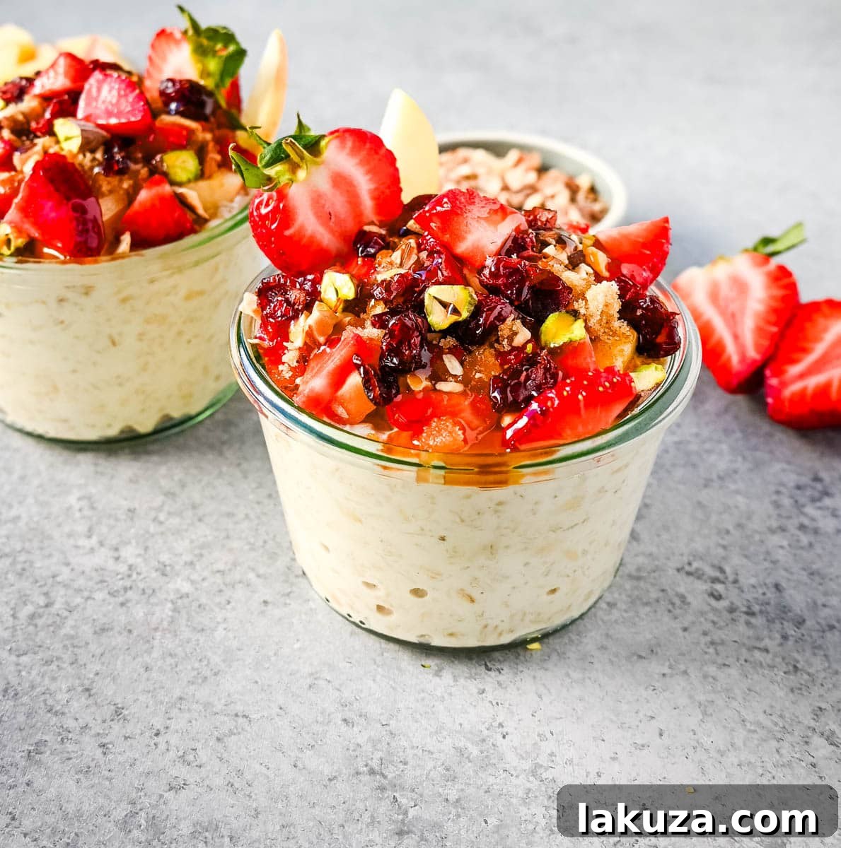 Dreamy Overnight Oats 2 Delicious Bircher Muesli Overnight Oats, a perfect grab-and-go healthy breakfast idea, topped with fresh berries, nuts, and dried fruits.