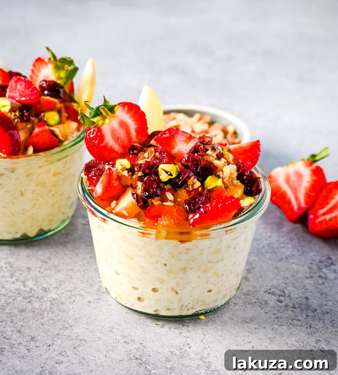 Dreamy Overnight Oats 7 Four individual servings of Bircher Muesli Overnight Oats in glass jars, topped with various fruits and nuts, ready for meal prep.
