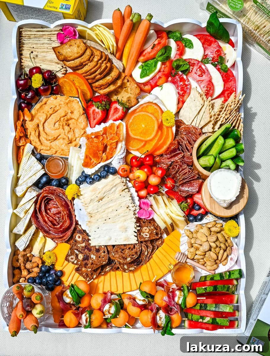 A beautifully arranged summer charcuterie board bursting with fresh fruits, cheeses, and cured meats.