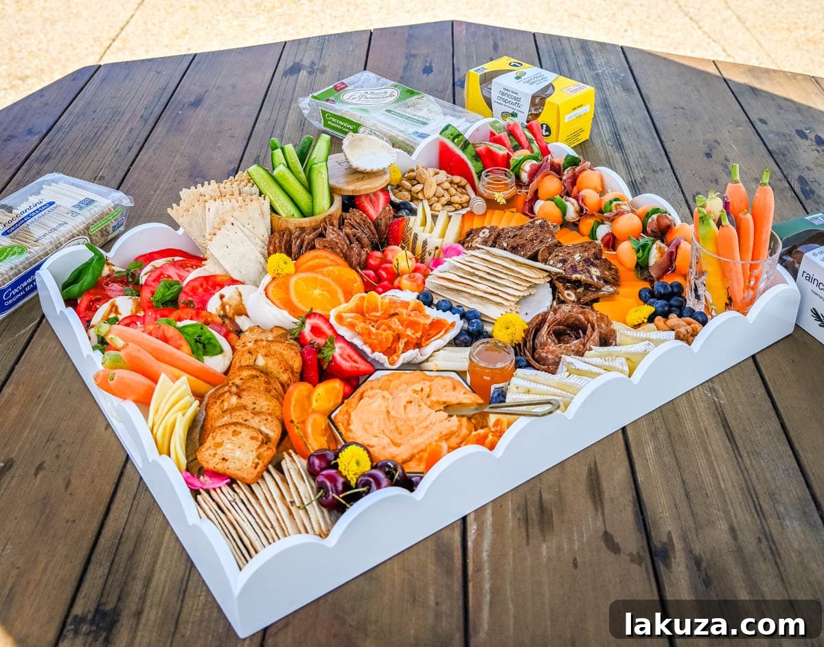 A section of a summer charcuterie board showing a variety of nuts, crackers, and delicious spreads.