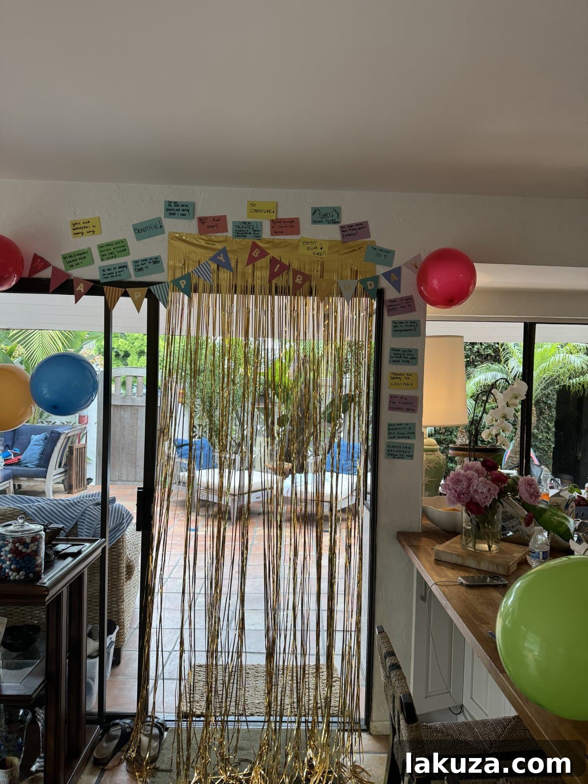 A birthday celebration scene with decorations and gifts