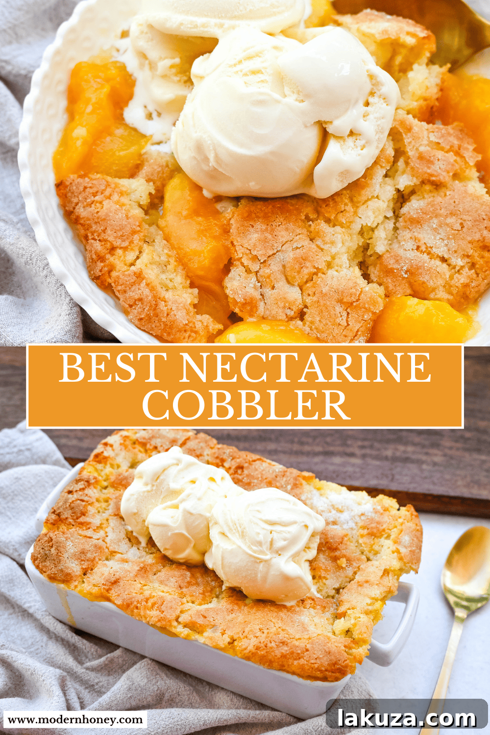This Homemade Nectarine Cobbler is made with fresh nectarines tossed in sugar and topped with a golden, buttery crust and served warm with vanilla bean ice cream. This is the best nectarine cobbler recipe!