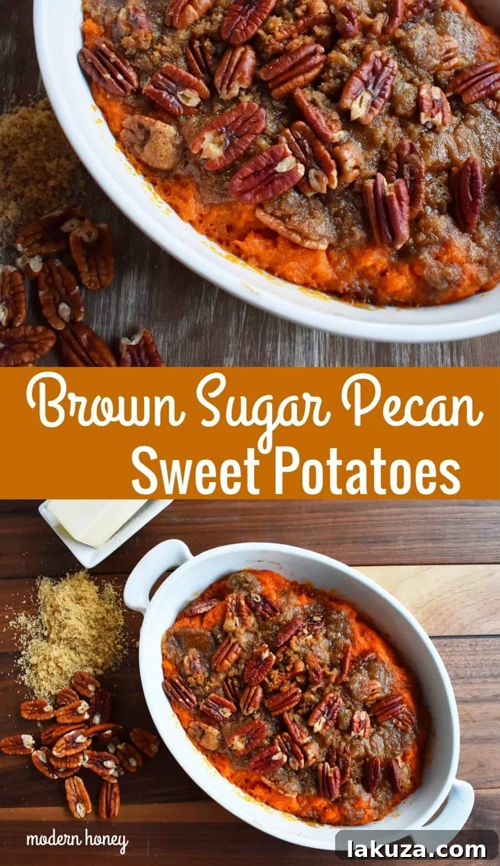 Sweet Potato Brown Sugar Pecan Bake with a whipped, creamy sweet potato base, cinnamon, and a delightful brown sugar pecan praline topping. A favorite Thanksgiving staple.