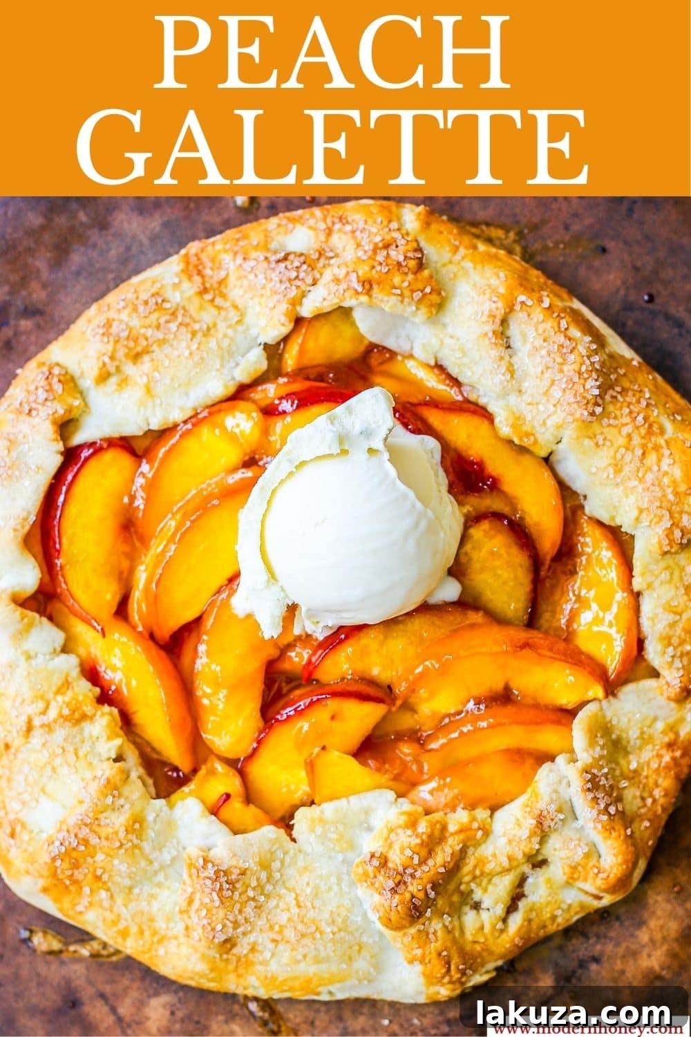 A large, rustic Homemade Peach Galette, beautifully sliced to reveal the juicy peach filling and golden, flaky crust, ready to be served.