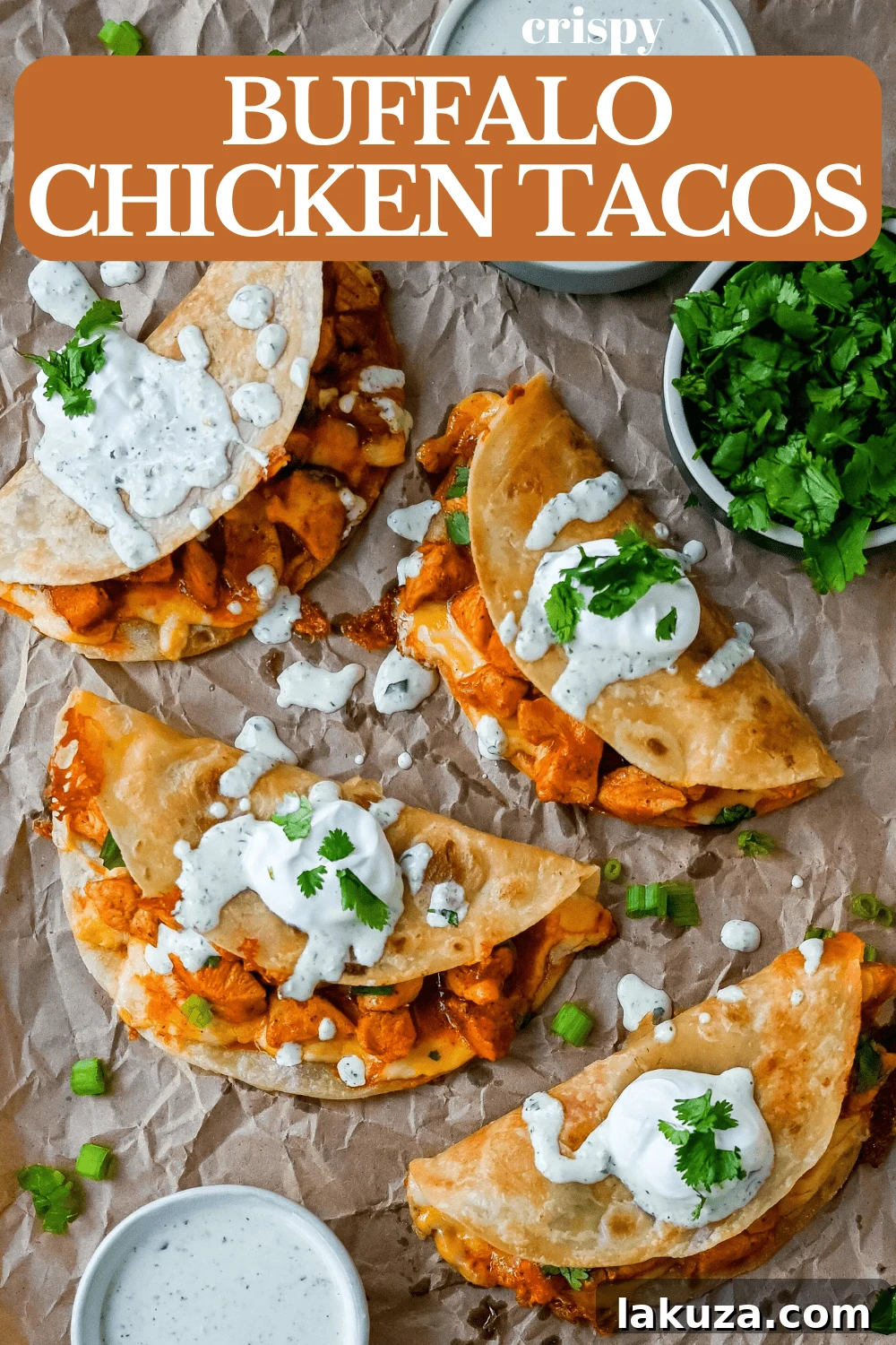 Fiery Crunch Buffalo Tacos 8 Crispy Buffalo Chicken Tacos with Jalapeno Ranch Dressing
