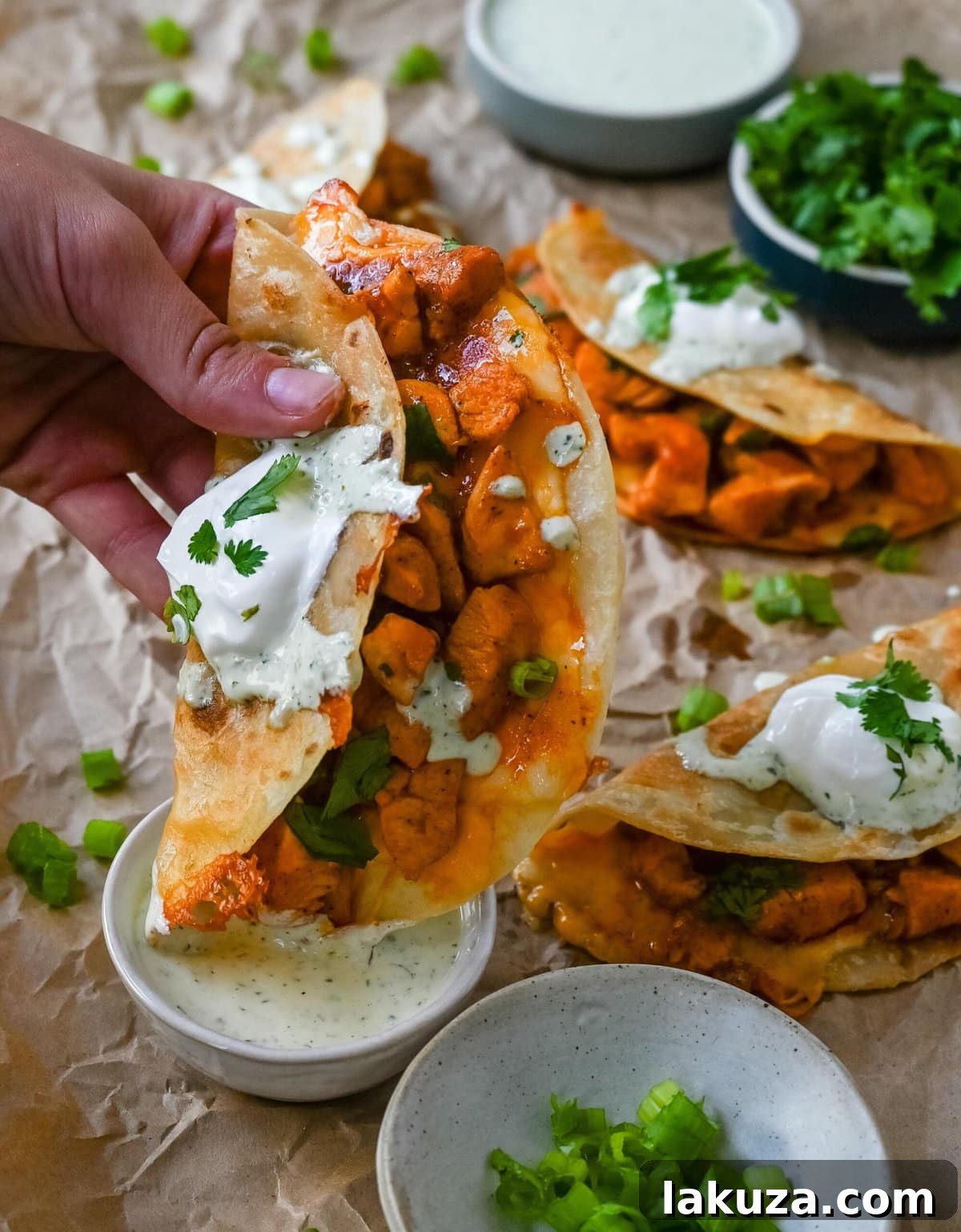 Fiery Crunch Buffalo Tacos 5 Plated Crispy Buffalo Chicken Tacos with Jalapeno Ranch