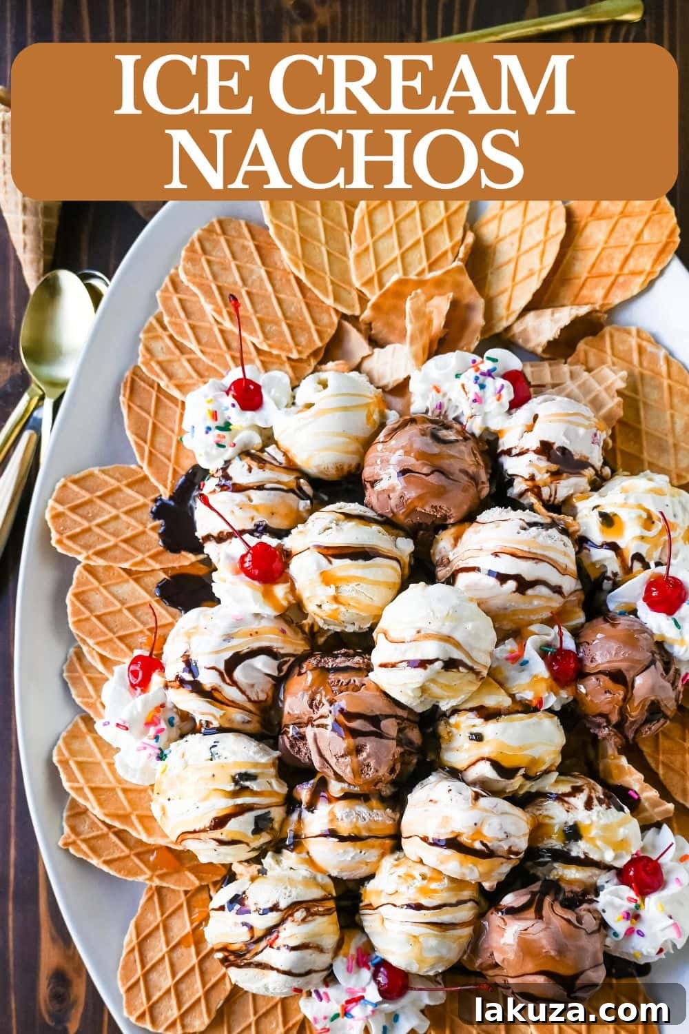 Sweet Chip Sundae 11 A close-up, artfully styled photograph of Ice Cream Nachos with various toppings including berries, chocolate, and caramel, emphasizing their deliciousness and shareable nature.