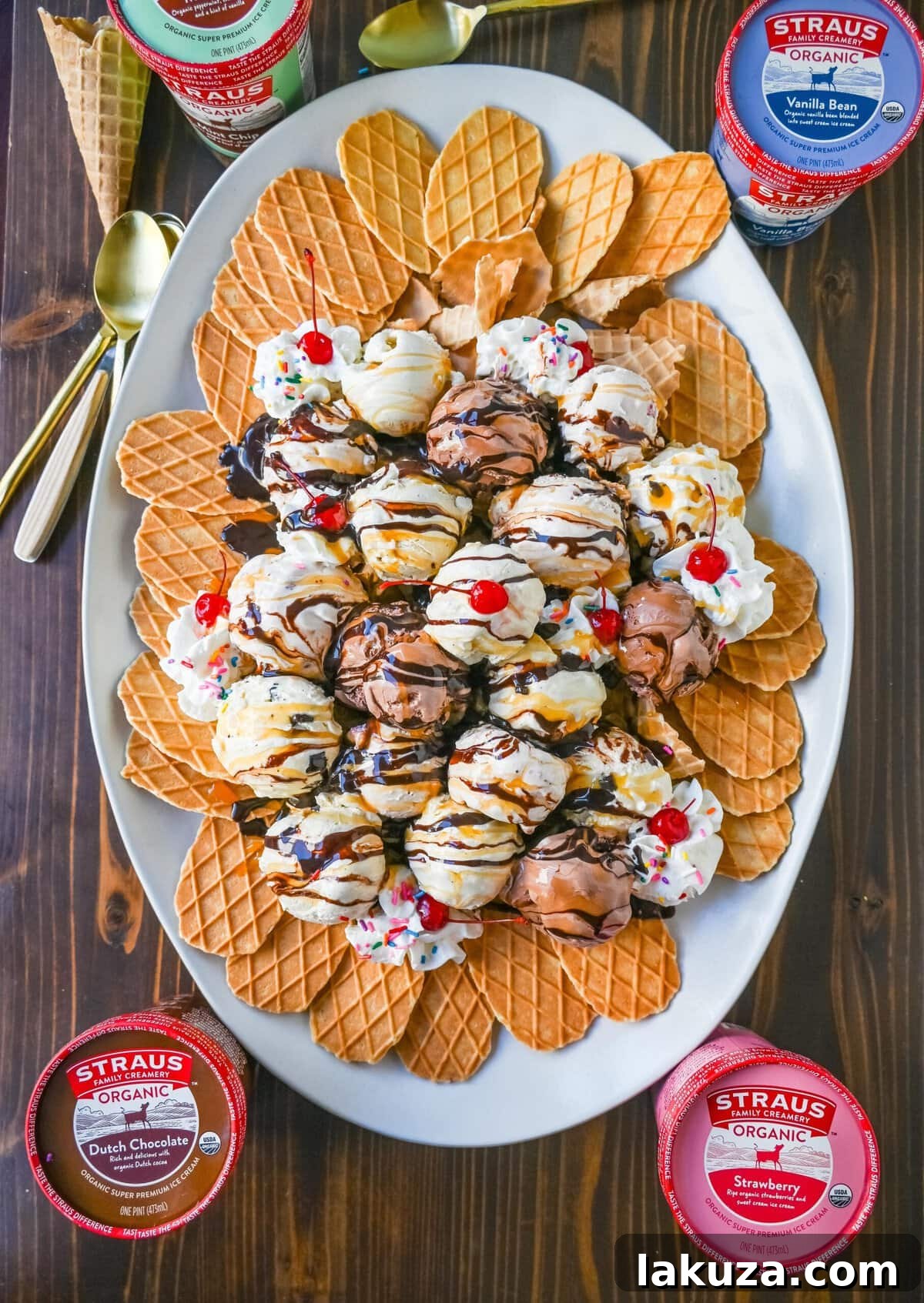 Sweet Chip Sundae 8 A beautifully assembled platter of Ice Cream Nachos, garnished with all the toppings, sauces, whipped cream, and cherries, presented as a delicious, shareable dessert.