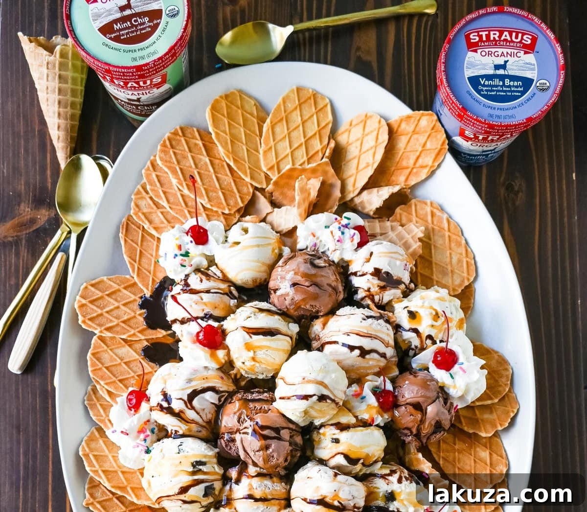 Sweet Chip Sundae 10 An overhead view of a large, vibrant platter of Ice Cream Nachos, showcasing the generous toppings and a shared, communal dessert experience, perfect for gathering.