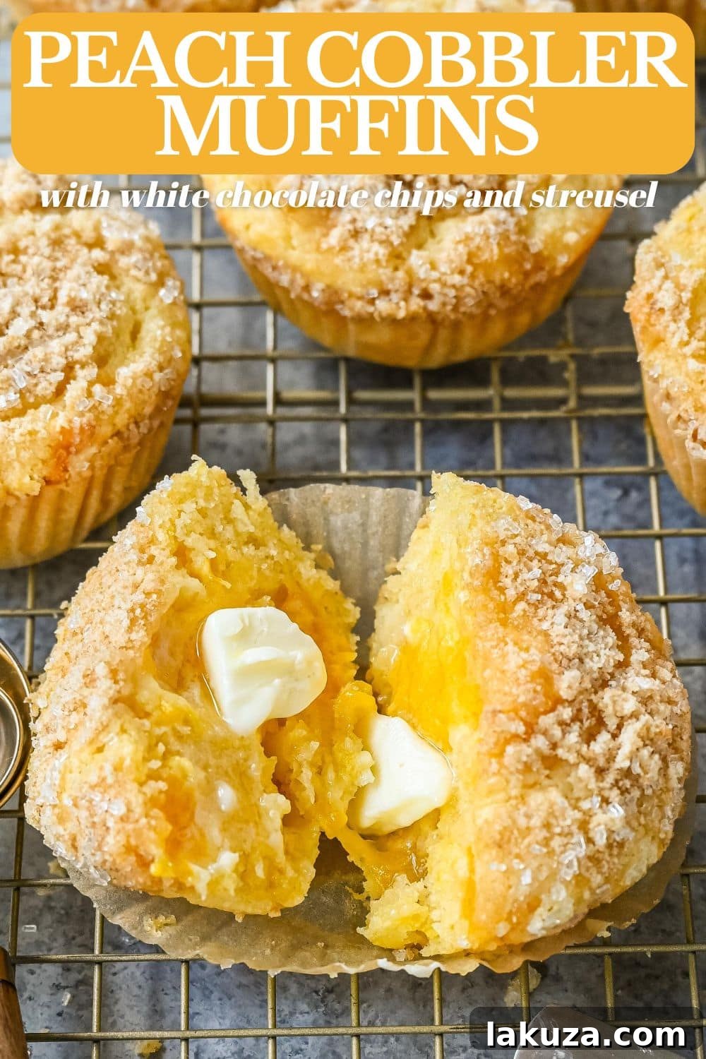 A beautifully presented Peach Cobbler Muffin, showcasing its golden-brown top and tender interior.
