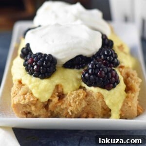 Decadent Blackberry Bread Pudding 9 Blackberry Bread Pudding made with a warm brown sugar bread pudding topped with homemade creme anglaise sauce and fresh whipped cream. www.modernhoney.com