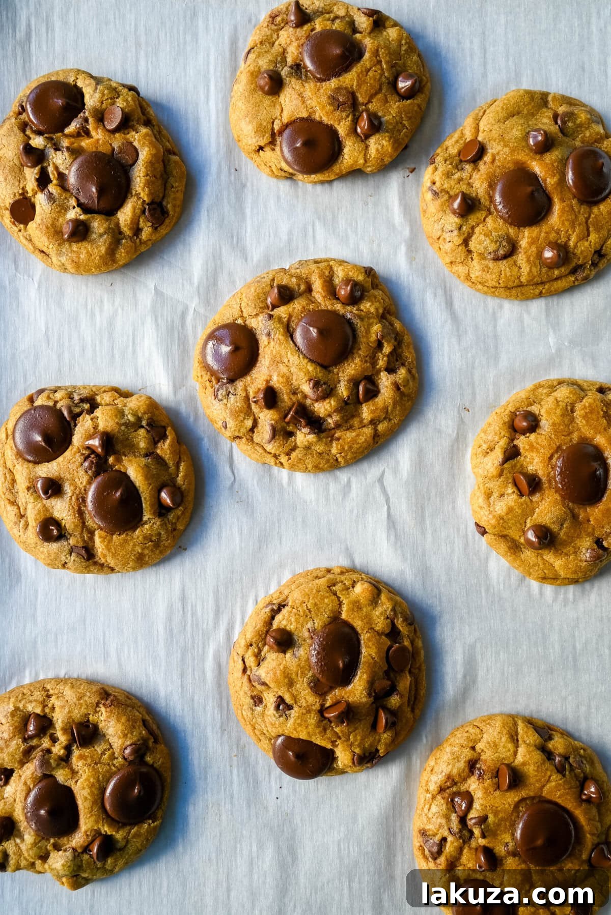 Harvest Spice Chocolate Chip Delights 6 Baking cookies on light colored baking sheet with parchment paper. These Brown Butter Pumpkin Chocolate Chip Cookies are made with browned butter, brown sugar, pure pumpkin puree, pumpkin spice, and semisweet chocolate chips. These are the perfect chewy pumpkin chocolate chip cookie recipe!