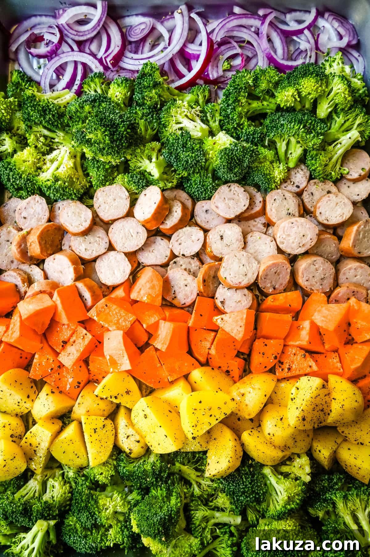 Effortless Sheet Pan Chicken Sausage and Roasted Vegetables 3 Sheet Pan Sausage and Veggies Ingredients. This Sheet Pan Chicken Sausage and Veggies Recipe is made with savory chicken sausage nestled between caramelized, crispy-edged vegetables, all roasted to perfection on a single sheet pan. It's quick, effortless, so delicious, and perfect for busy weeknights or cozy, family-style dinners.