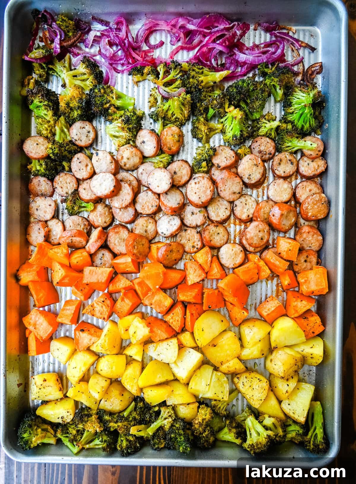 Effortless Sheet Pan Chicken Sausage and Roasted Vegetables 5 This Sheet Pan Chicken Sausage and Veggies Recipe is made with savory chicken sausage nestled between caramelized, crispy-edged vegetables, all roasted to perfection on a single sheet pan. It's quick, effortless, so delicious, and perfect for busy weeknights or cozy, family-style dinners.