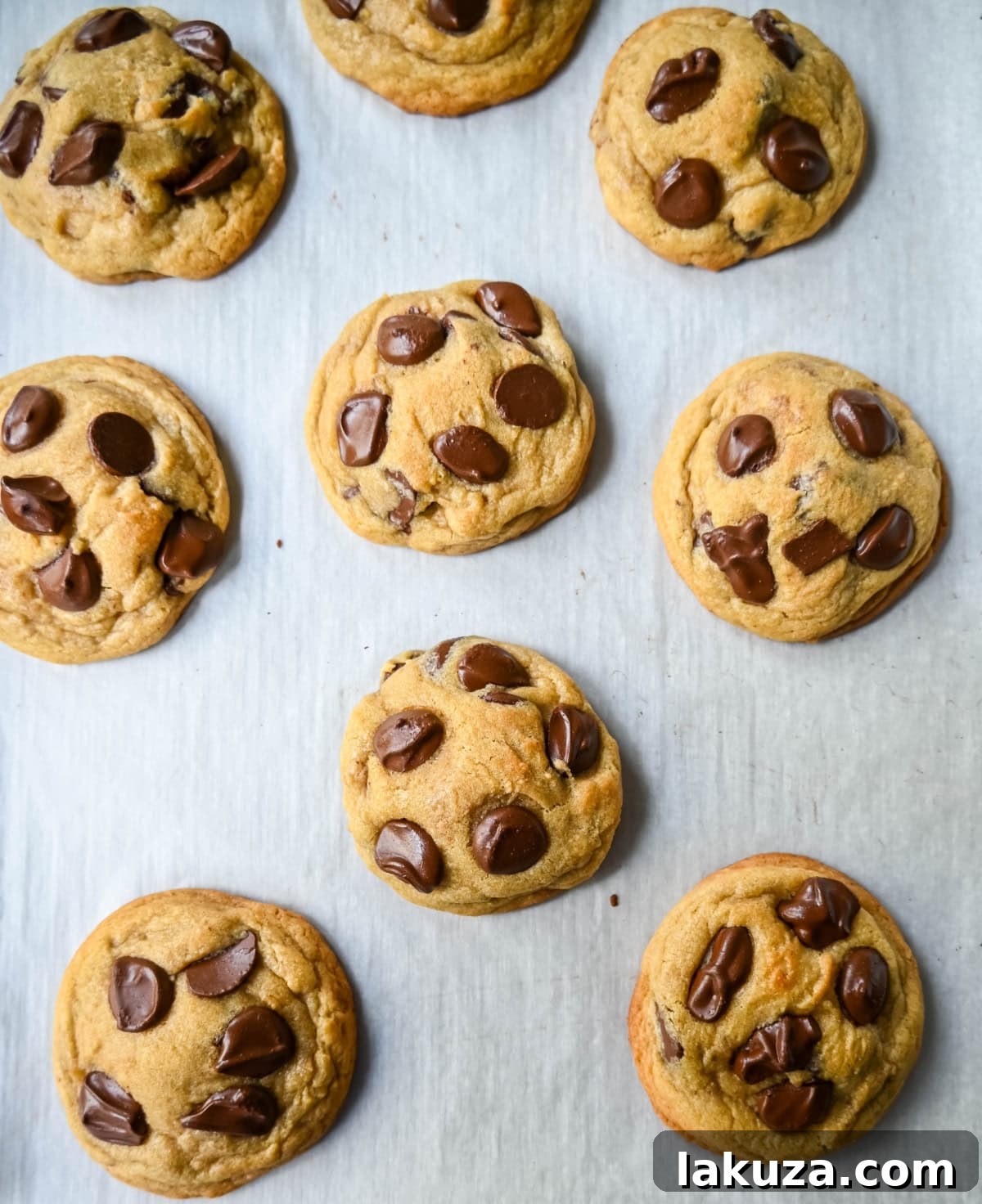 A batch of gourmet chocolate chip cookies made with expensive, brand-name ingredients, featuring a deeper golden hue and perfectly melted chocolate puddles.