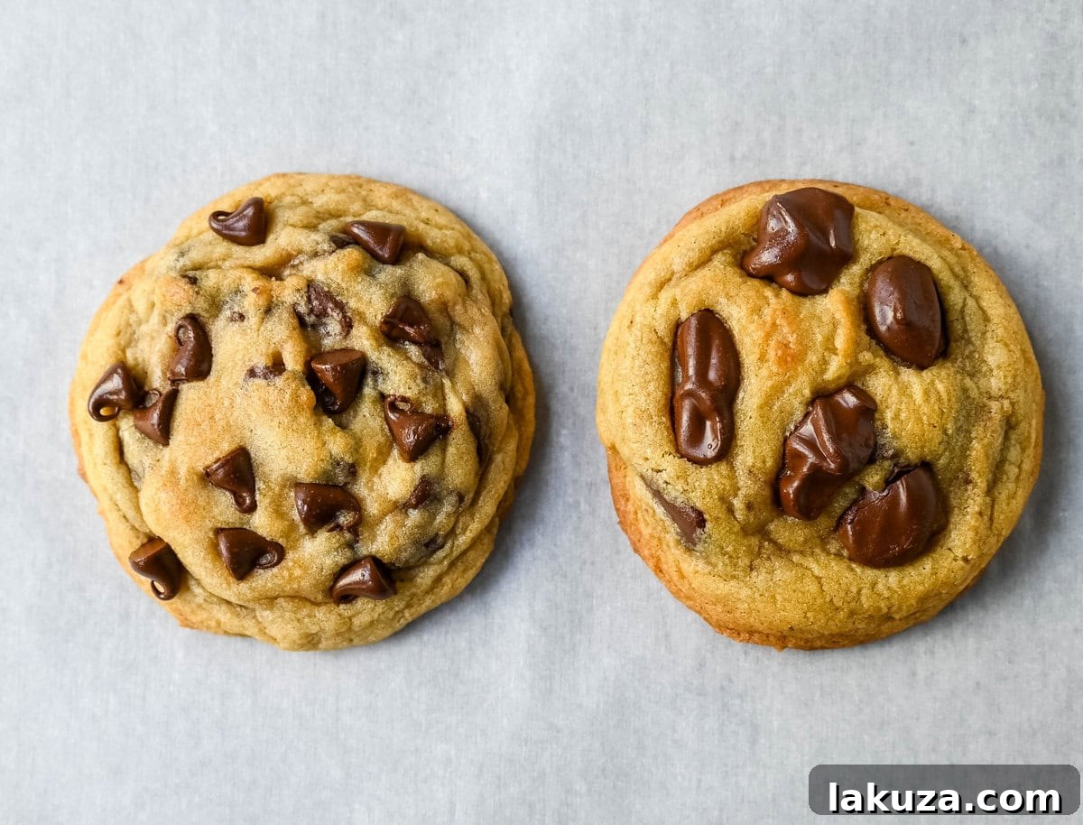 A tempting close-up of a freshly baked chocolate chip cookie with a golden exterior and gooey chocolate interior.