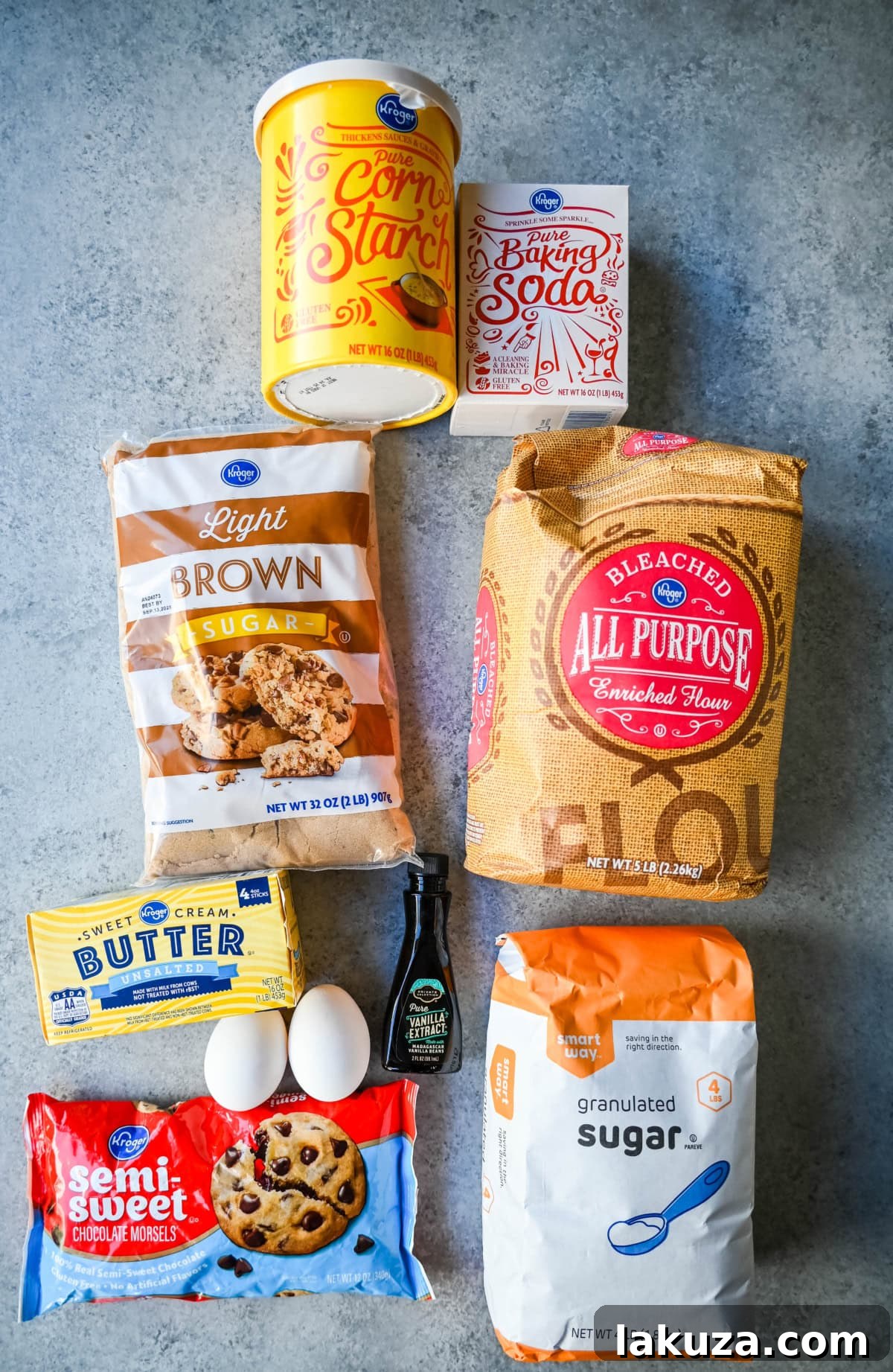 An assortment of generic, budget-friendly ingredients used to bake chocolate chip cookies, demonstrating the alternatives to premium brands.