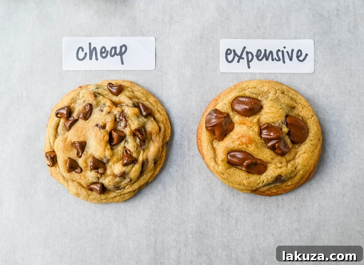 A collection of different ingredient packages laid out, representing both generic and premium brands used in the chocolate chip cookie experiment.