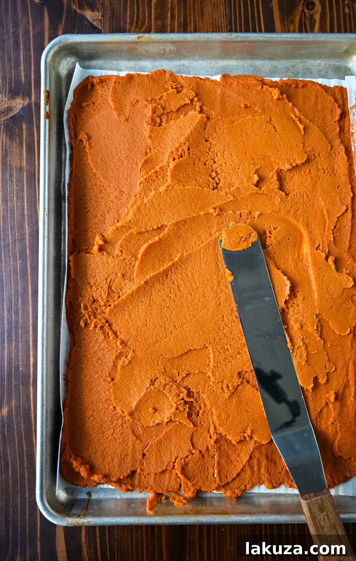 Golden Harvest Hillys Pumpkin Caramel Pie 7 Roasted pumpkin puree on a baking sheet, ready for the ganache.