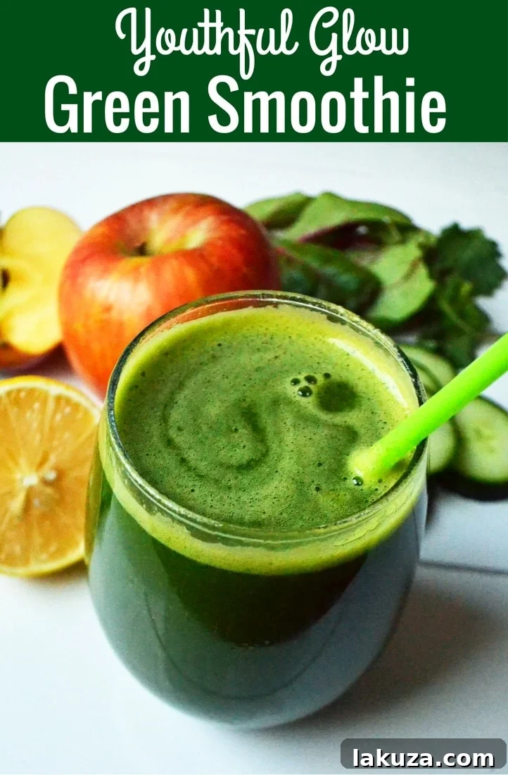 Youthful Glow Green Smoothie. A healthy green smoothie full of vitamins, minerals, and nutrients to give you extra energy and a youthful glow. The healthiest green smoothie!