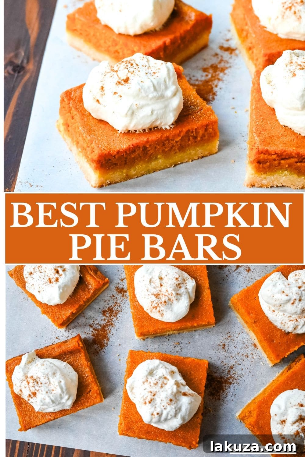 A stunning vertical shot of pumpkin pie bars, freshly baked and topped with elegant swirls of whipped cream, on a white cake stand.