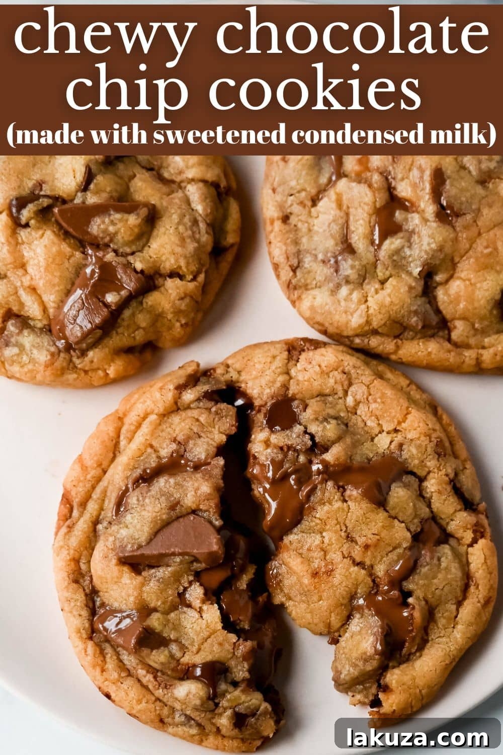 Irresistibly Chewy Condensed Milk Chocolate Chip Cookies 8 An irresistible close-up of a perfectly baked chewy chocolate chip cookie, highlighting its gooey chocolate and rich, golden texture, made with sweetened condensed milk.
