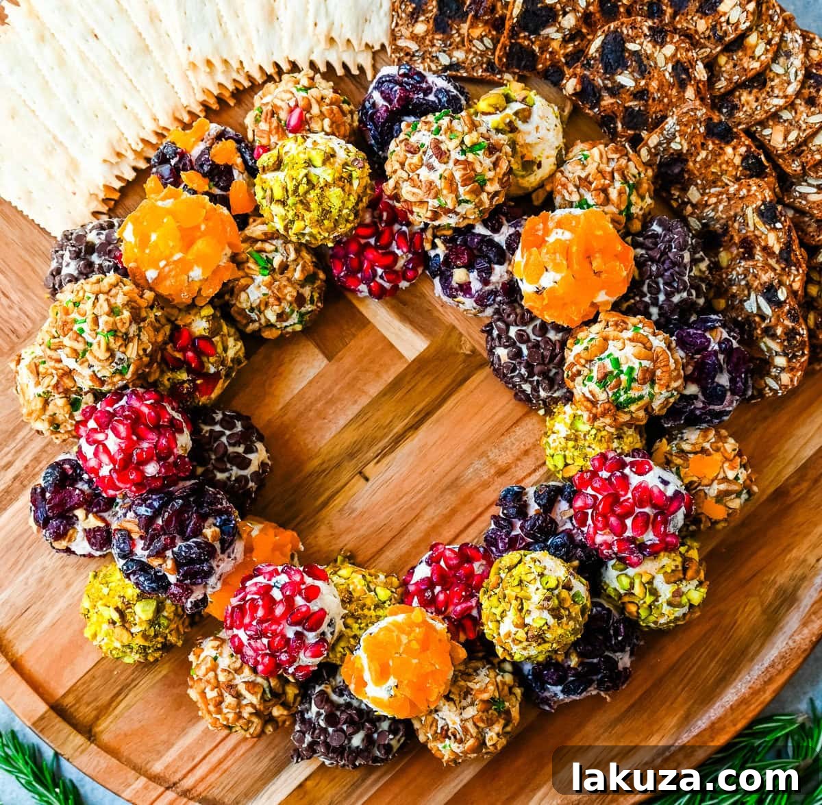 Irresistible Mini Cheese Bites 9 A beautifully arranged Christmas wreath made from mini cheese balls, adorned with fresh rosemary and bright red pomegranate seeds.