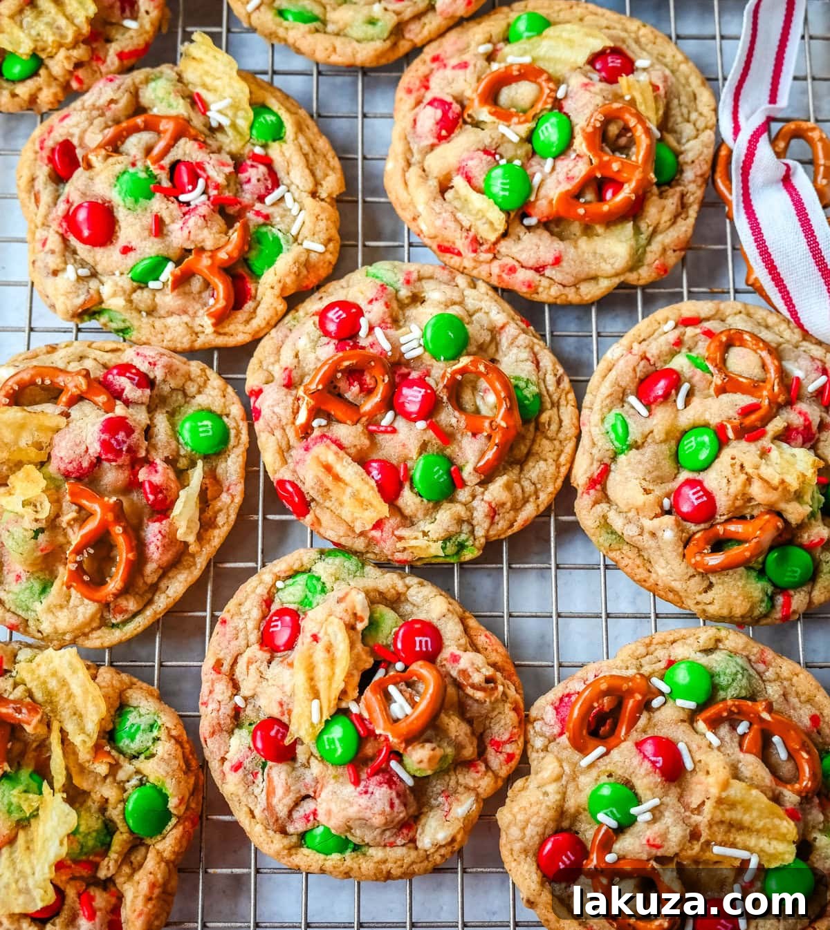Christmas Cornucopia Cookies 6 Get ready to bake the ultimate Christmas treat with these Christmas Kitchen Sink Cookies! Packed with holiday M&M's, pretzels, potato chips, sprinkles, and optional chocolate chips, these cookies bring together sweet, salty, and festive flavors in every bite. They're easy to make, fun to customize, and perfect for gifting, cookie swaps, and for your Christmas baking.