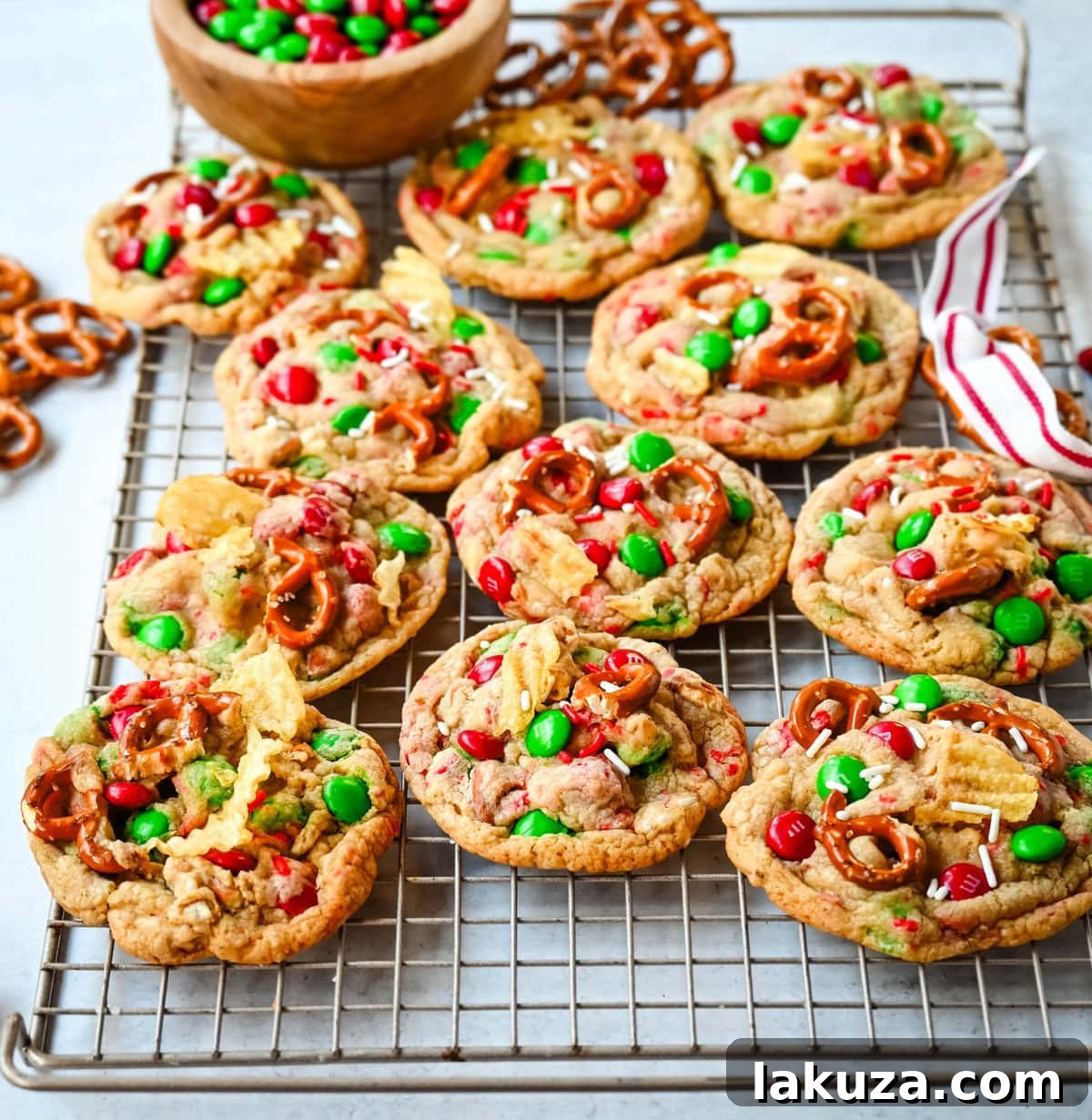 Christmas Cornucopia Cookies 7 Christmas Kitchen Sink Cookies on a cooling rack.