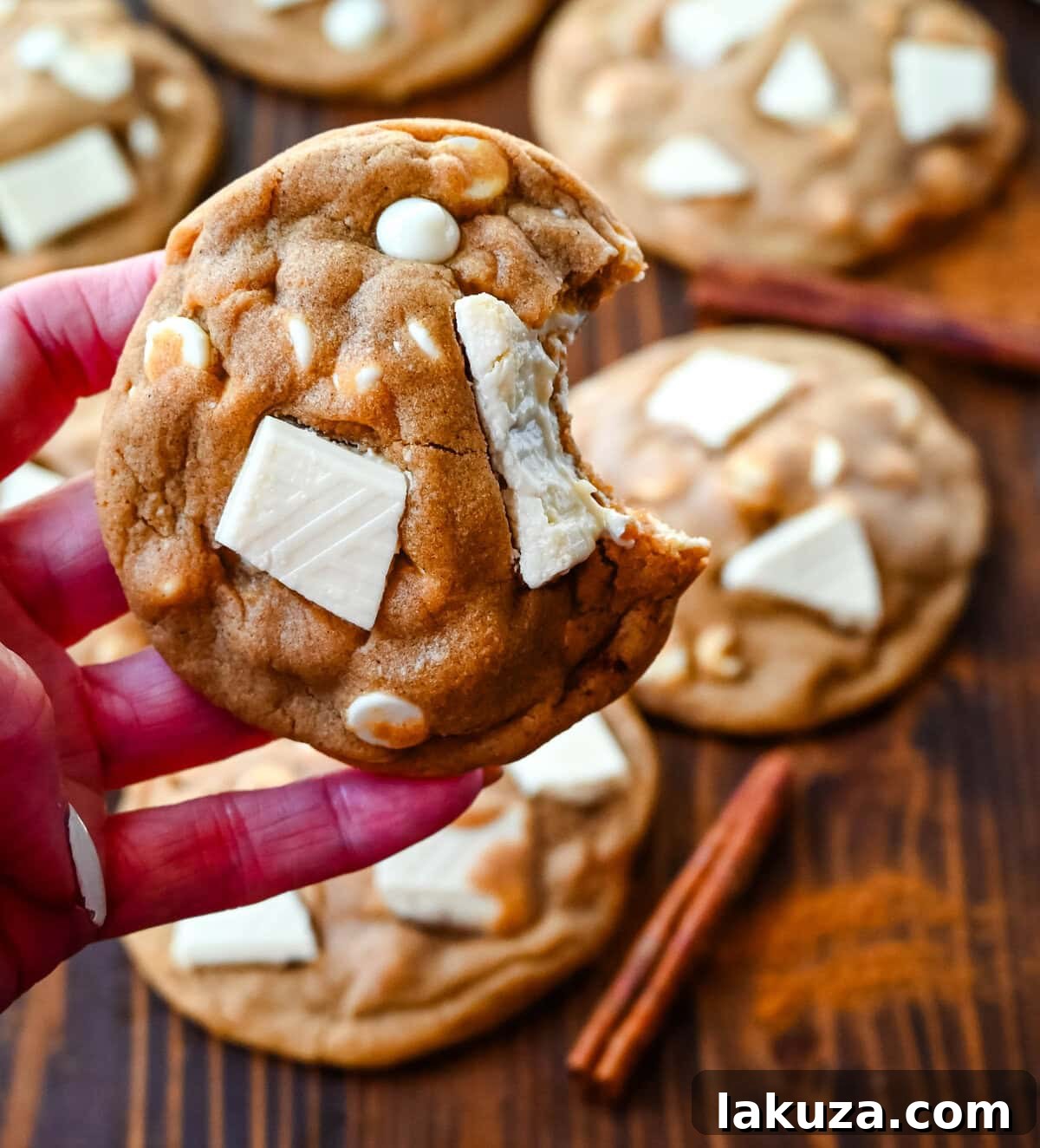 Spiced Ginger Molasses White Chocolate Chunk Cookies 4 Close-up of ginger molasses white chocolate chunk cookies, highlighting their soft texture and generous white chocolate pieces.