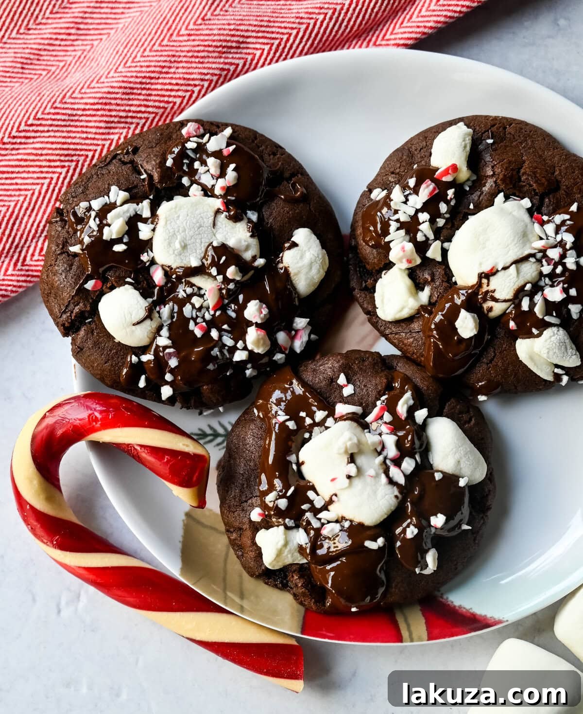 Peppermint Hot Cocoa Cookies on Santa plate. A chocolate marshmallow christmas cookie