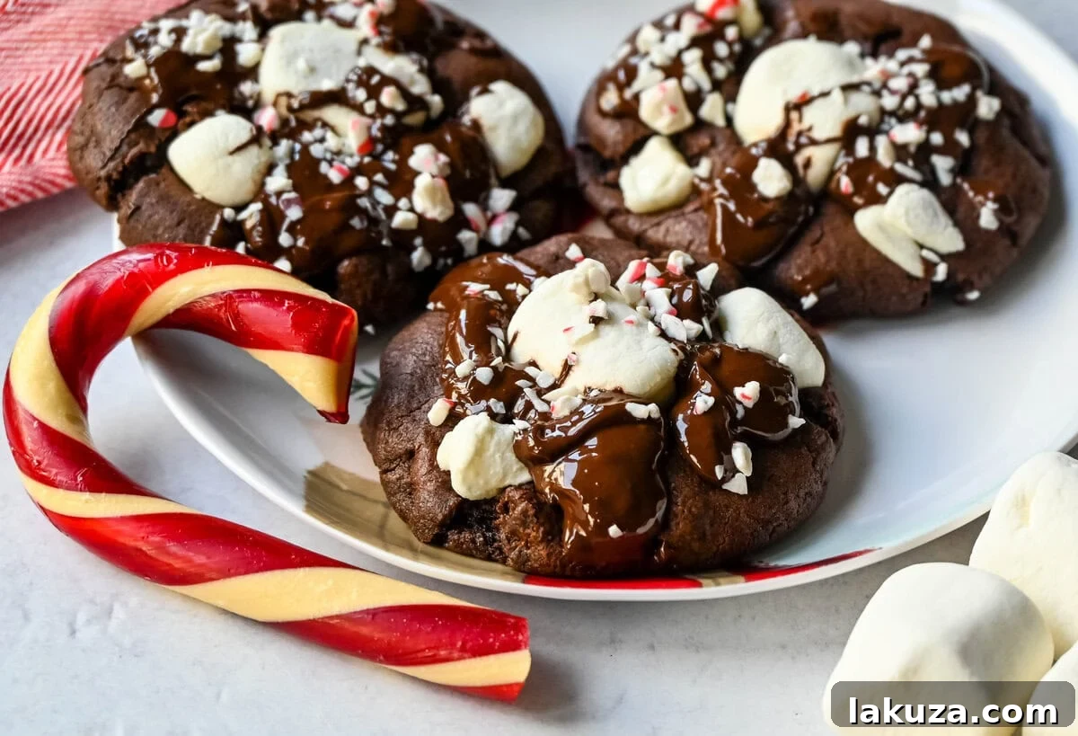 Peppermint Hot Cocoa Cookies on Santa plate. A chocolate marshmallow christmas cookie