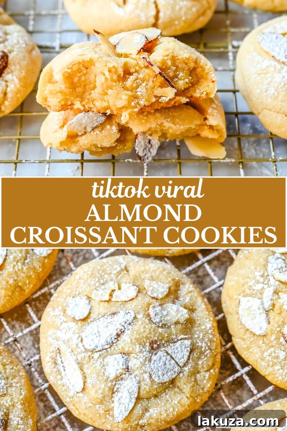 Almond Croissant-Inspired Cookies 9 An irresistible close-up of a stack of freshly baked Almond Croissant Cookies, elegantly dusted with powdered sugar, ready to be devoured. These viral TikTok Almond Croissant Cookies offer a buttery, flaky, and nutty experience with a luscious homemade almond filling. This recipe is a must-try for any almond lover!