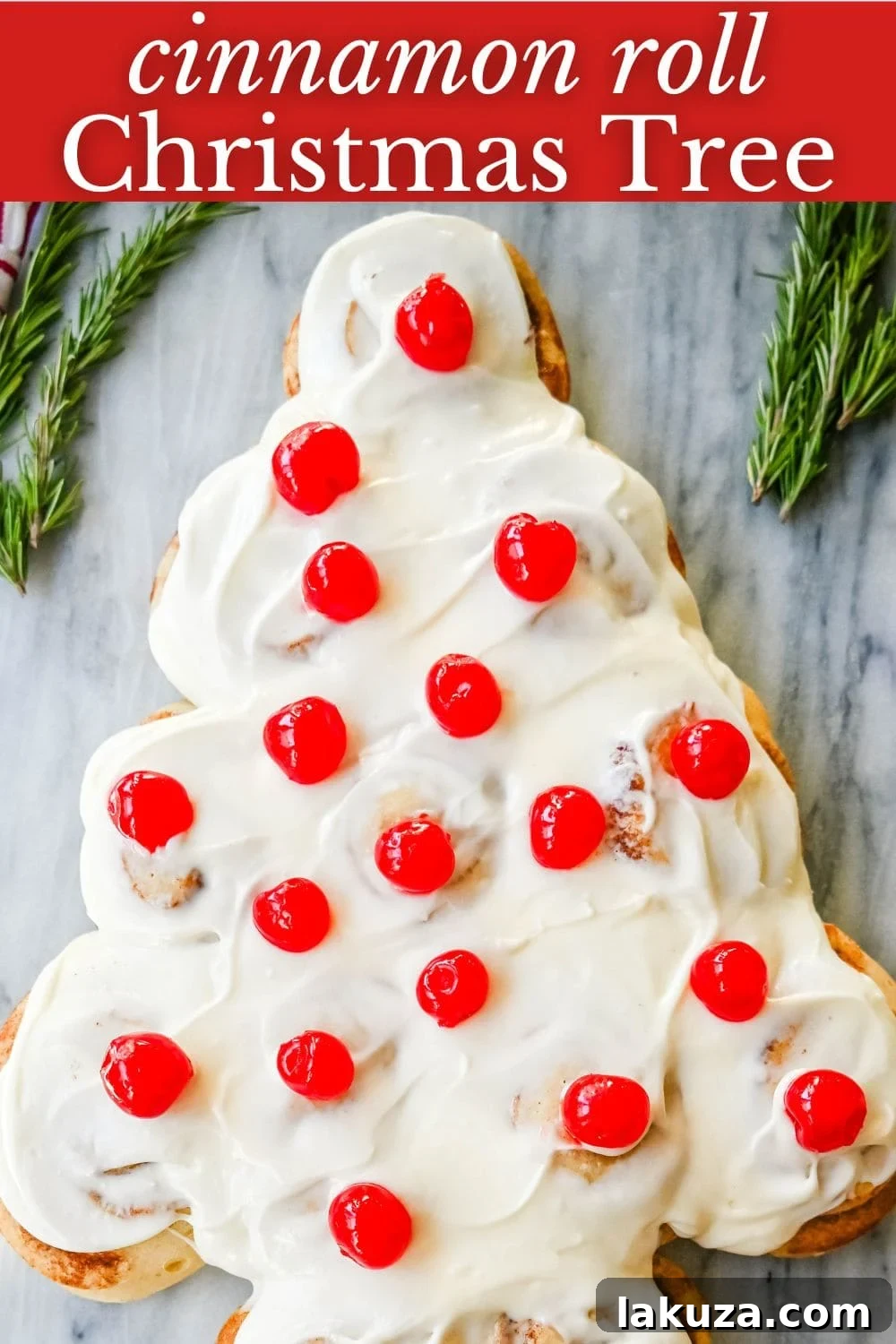 Are you looking for a sweet, festive, and delicious Christmas breakfast recipe for your Christmas morning? This Cinnamon Roll Christmas Tree is made with either homemade cinnamon roll dough or store-bought options like Rhodes frozen cinnamon rolls and covered in a creamy frosting. It can even be decorated with "red ornaments" -- maraschino cherries.