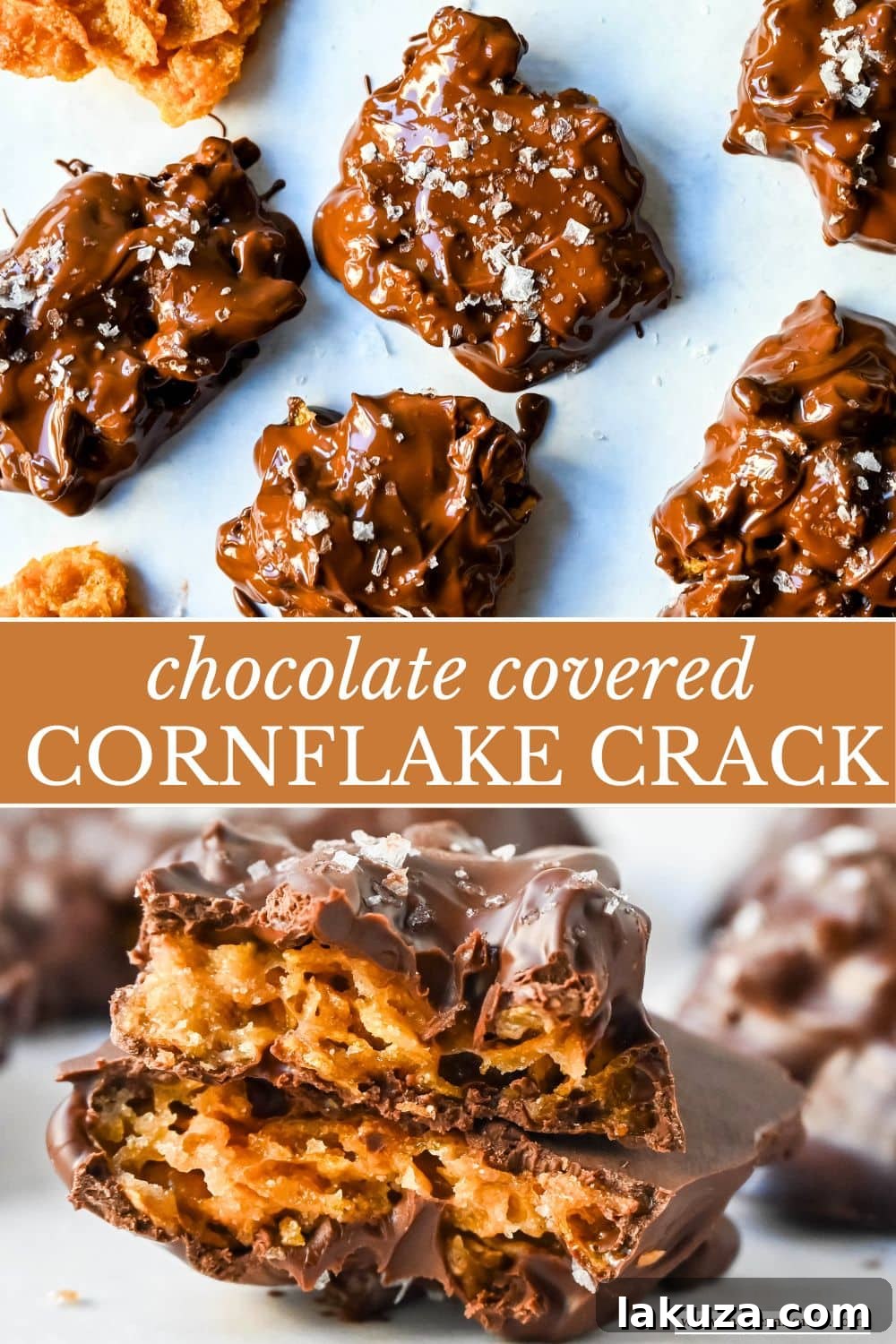 A beautifully composed shot of Cornflake Crack pieces, some plain and some chocolate-dipped, highlighting the simple joy of this 3-ingredient treat.