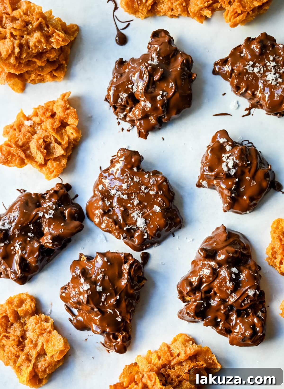 A hand dipping a piece of Cornflake Crack into a bowl of rich melted chocolate, preparing for an optional decadent coating.