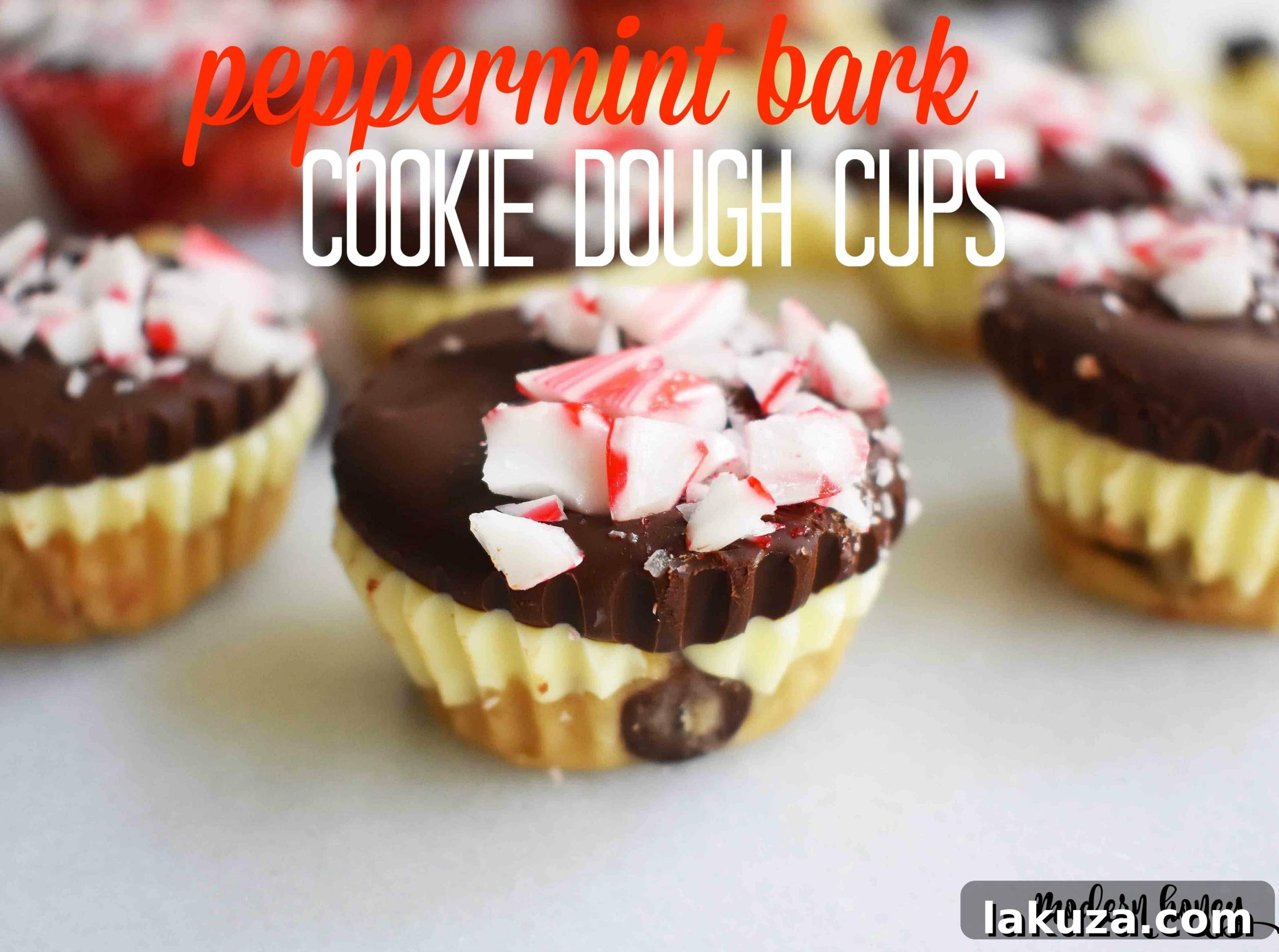 Completed Peppermint Bark Cookie Dough Cups, ready to be enjoyed as a festive, no-bake holiday dessert.