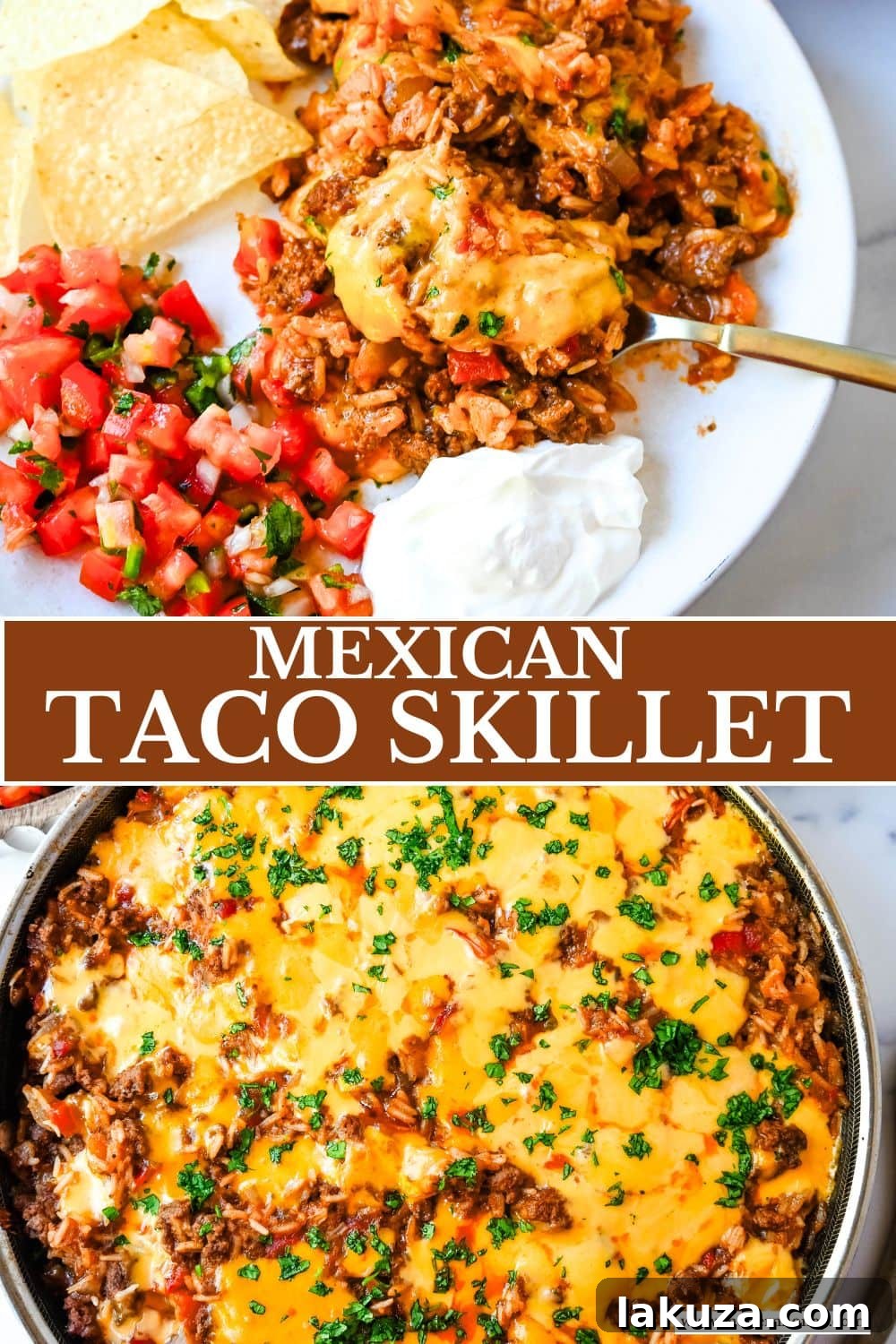 A beautifully presented Cheesy Taco Rice Skillet in a rustic setting, with a serving spoon and a bowl of fresh ingredients, emphasizing its home-cooked appeal.