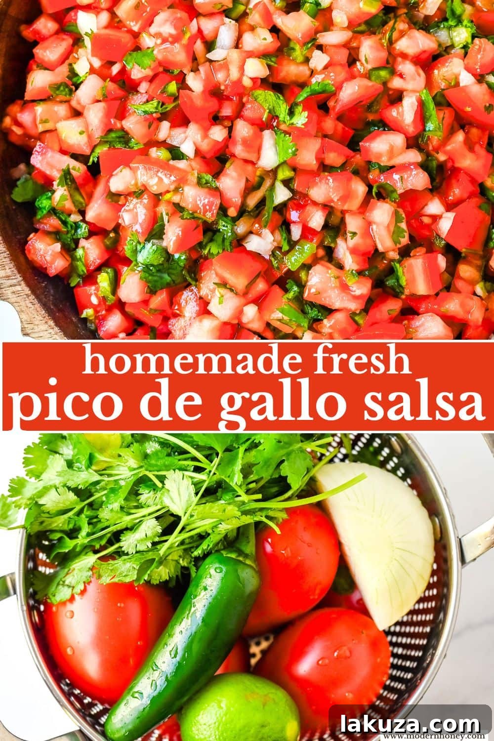 Pico de Gallo 8 How to make fresh homemade pico de gallo made with the freshest ingredients -- fresh tomatoes, onion, cilantro, jalapeños, and lime juice. It is delicious on tacos, burritos, grilled meats, or as a simple fresh salsa with tortilla chips. It is super easy to whip up and is made with only six ingredients.