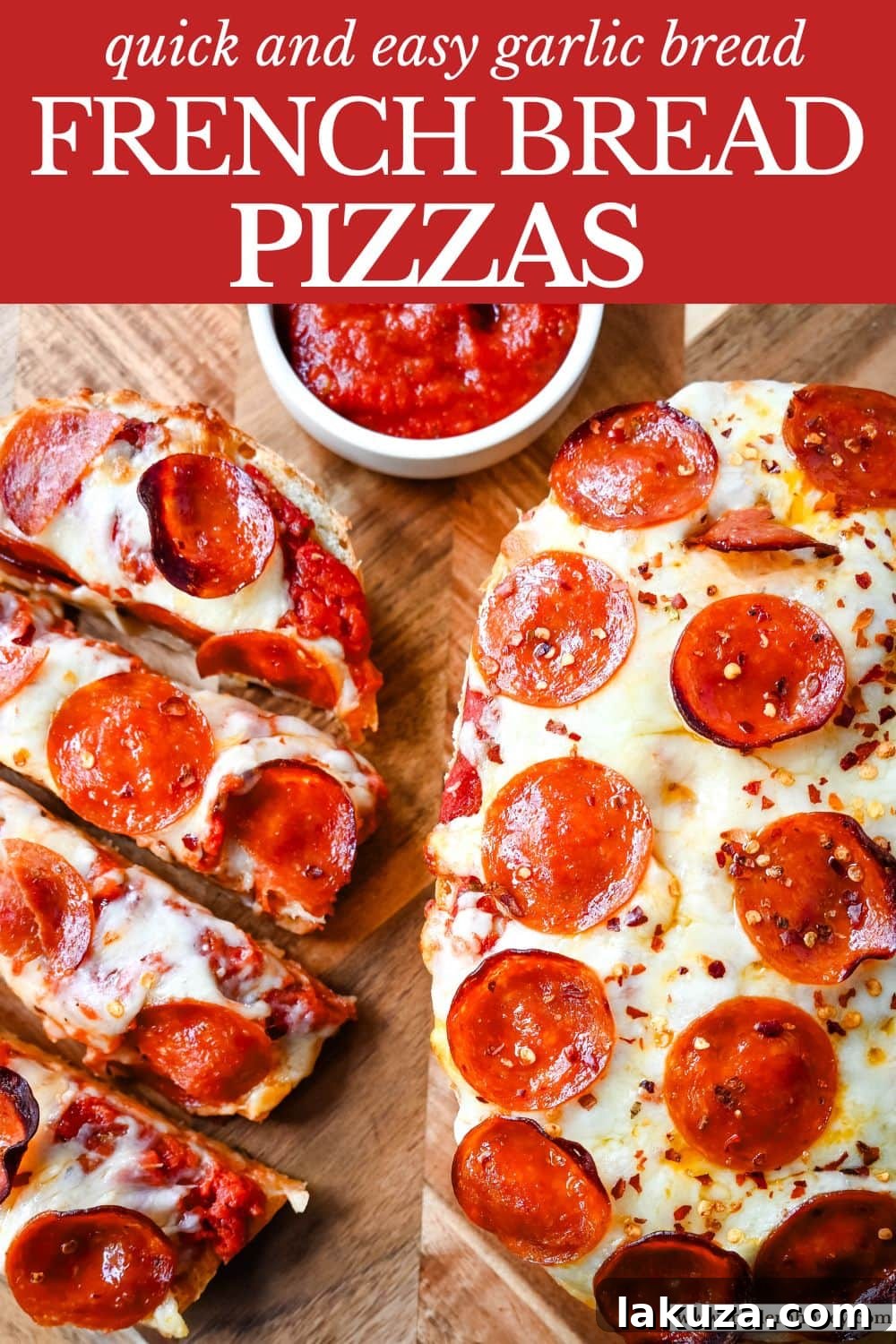 Crispy French Bread Pizzas 9 Overhead shot of a full French bread pizza, showcasing its toppings and golden-brown crust.