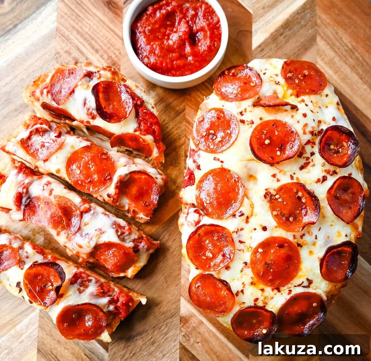 Crispy French Bread Pizzas 5 A French bread pizza covered with pizza sauce, mozzarella cheese, and pepperoni, ready to be baked.
