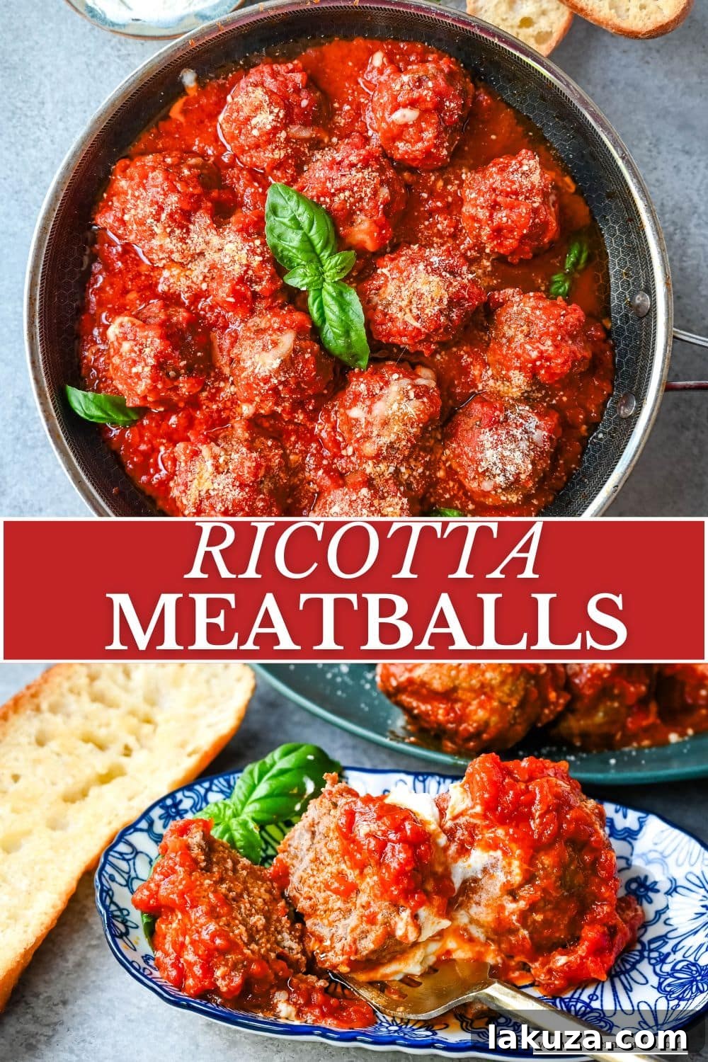 A close-up shot of Ricotta Parmesan Meatballs in a vibrant marinara sauce, garnished with fresh herbs, ready to be enjoyed.
