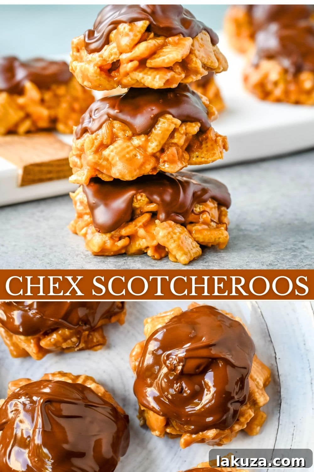 Butterscotch Peanut Chex Bliss 9 A large, appealing image of a platter full of Chex Scotcheroos, highlighting their perfect shape and delicious topping, ready for serving.