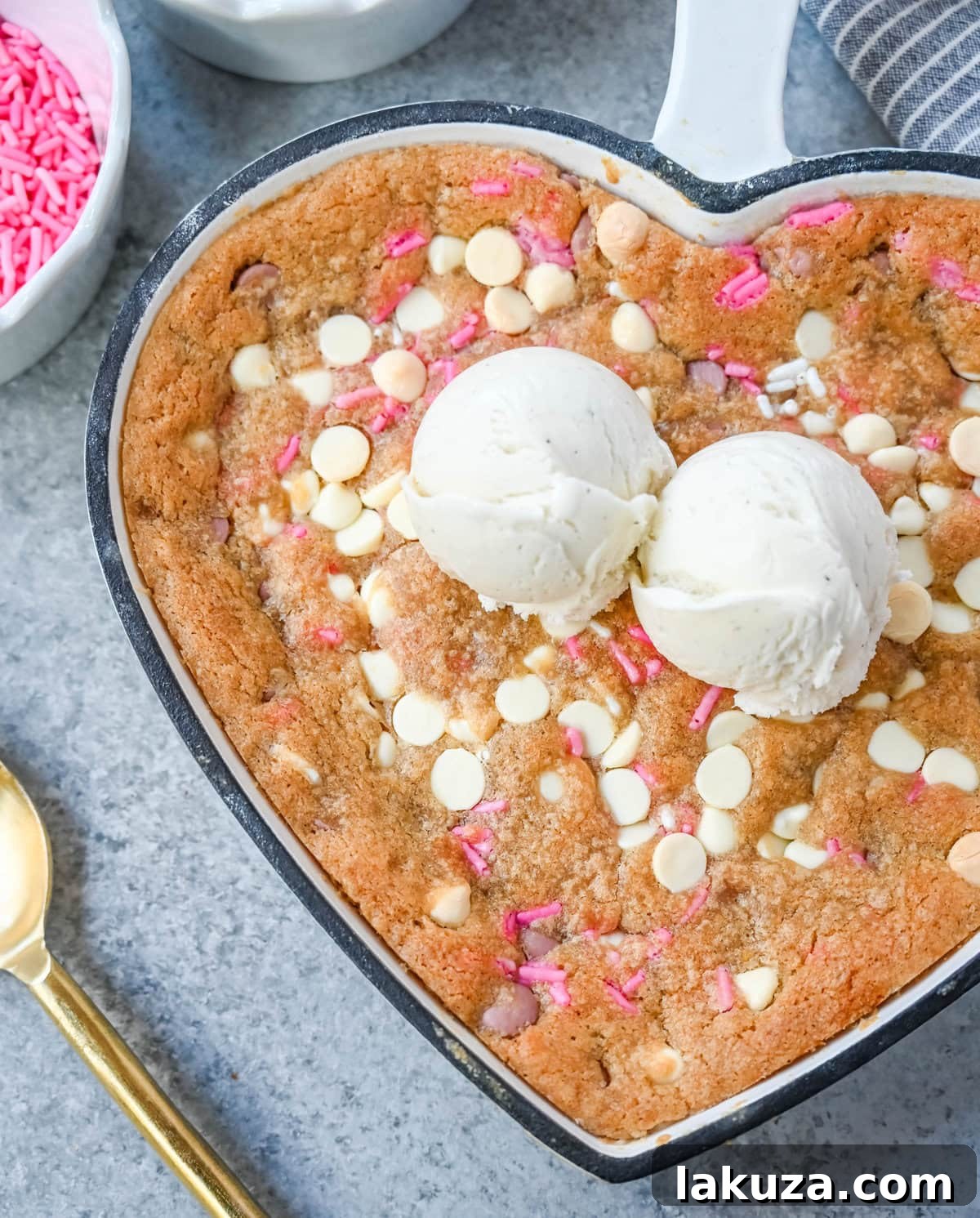 Valentine's Sweetheart Skillet Cookie 2 Valentine's Day Heart Skillet Cookie. Soft, chewy skillet cookie recipe filled with white chocolate chips, pink sprinkles, and any of your favorite festive additions such as Valentine's Day M&M's and ruby chocolate. Top it with vanilla ice cream and have the perfect Valentine's Day dessert.