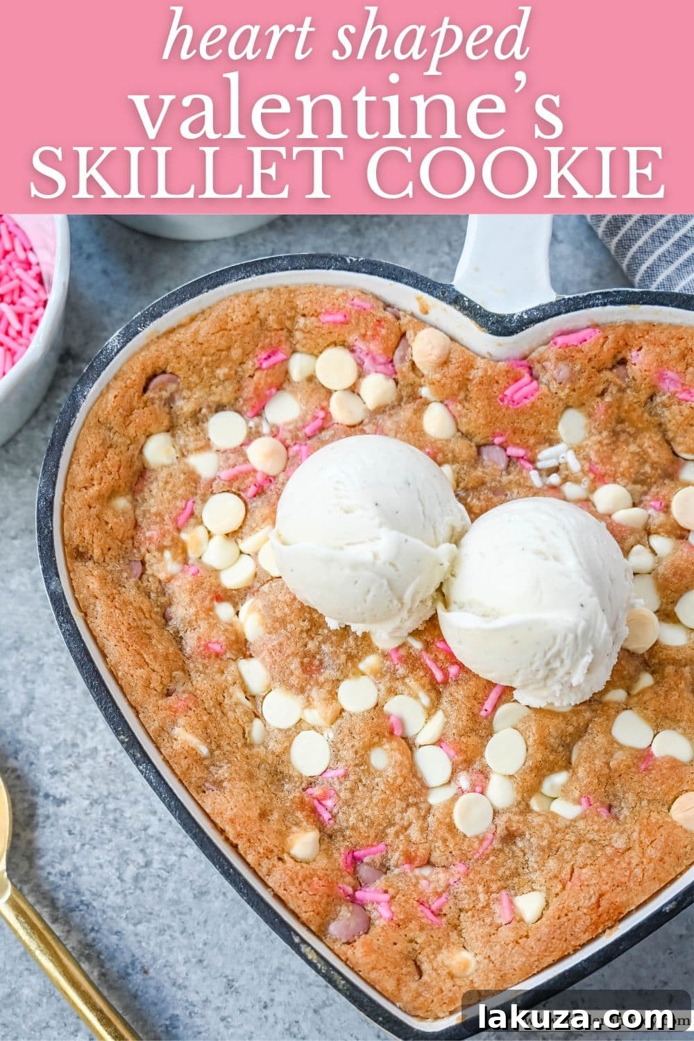 Valentine's Sweetheart Skillet Cookie 7 Valentine's Day Heart Skillet Cookie. Soft, chewy skillet cookie recipe filled with white chocolate chips, pink sprinkles, and any of your favorite festive additions such as Valentine's Day M&M's and ruby chocolate. Top it with vanilla ice cream and have the perfect Valentine's Day dessert.