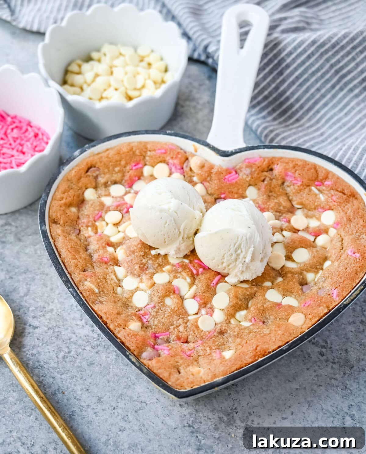 Valentine's Sweetheart Skillet Cookie 4 Valentine's Day Heart Skillet Cookie. Soft, chewy skillet cookie recipe filled with white chocolate chips, pink sprinkles, and any of your favorite festive additions such as Valentine's Day M&M's and ruby chocolate. Top it with vanilla ice cream and have the perfect Valentine's Day dessert.